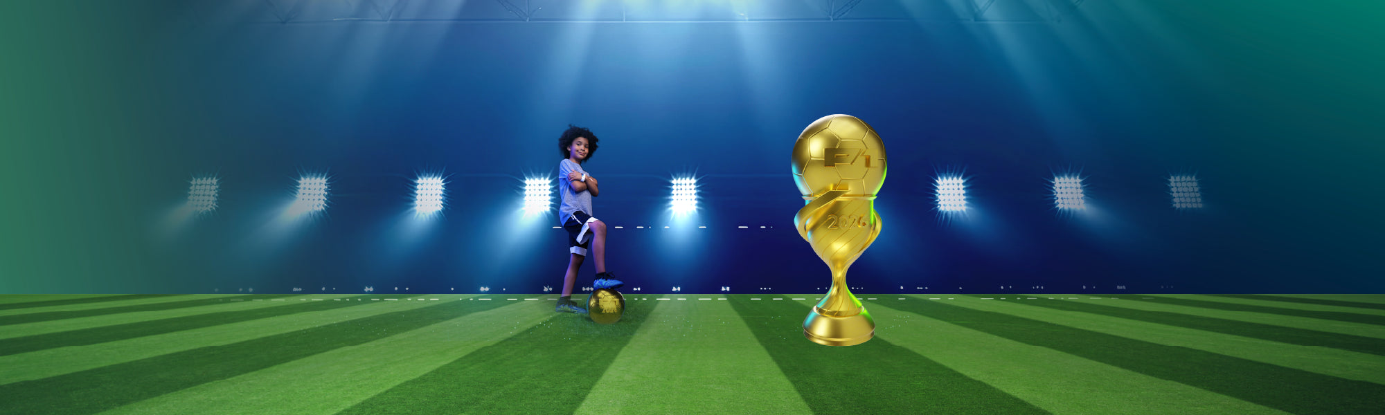 Person with a gold soccer ball next to a golden trophy on a green field with blue background