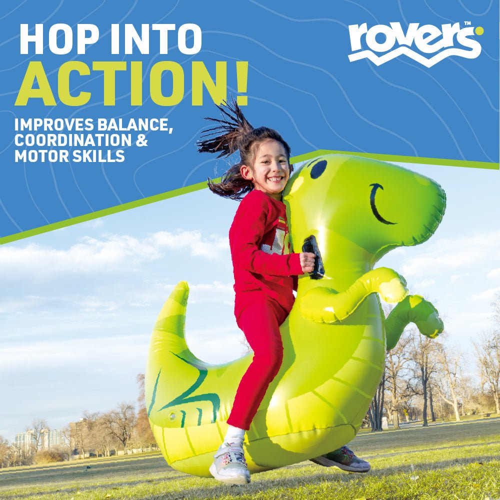Child on an inflatable dinosaur toy with 'Rovers' branding and text about physical benefits.