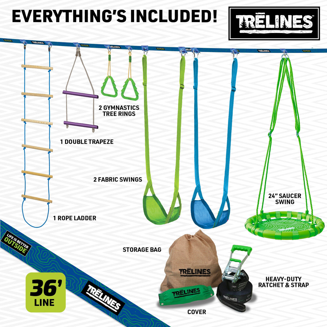 Swing Set Kit - 36 ft line, two adjustable swings, gym rings, double trapeze bar
