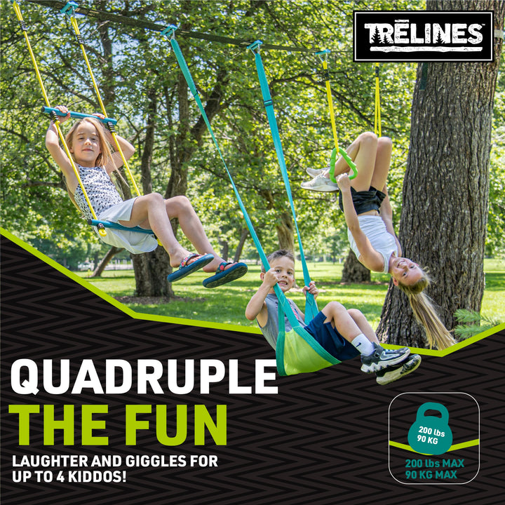 Children playing on a Treelines slackline swing set in a park.