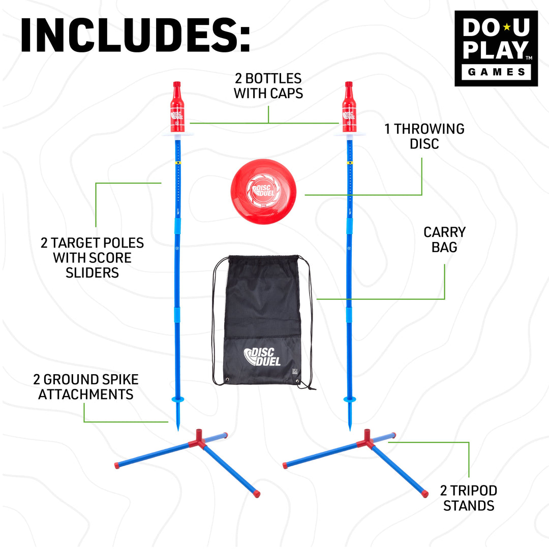 Disc Duel outdoor game set with bottles, poles, and flying disc
