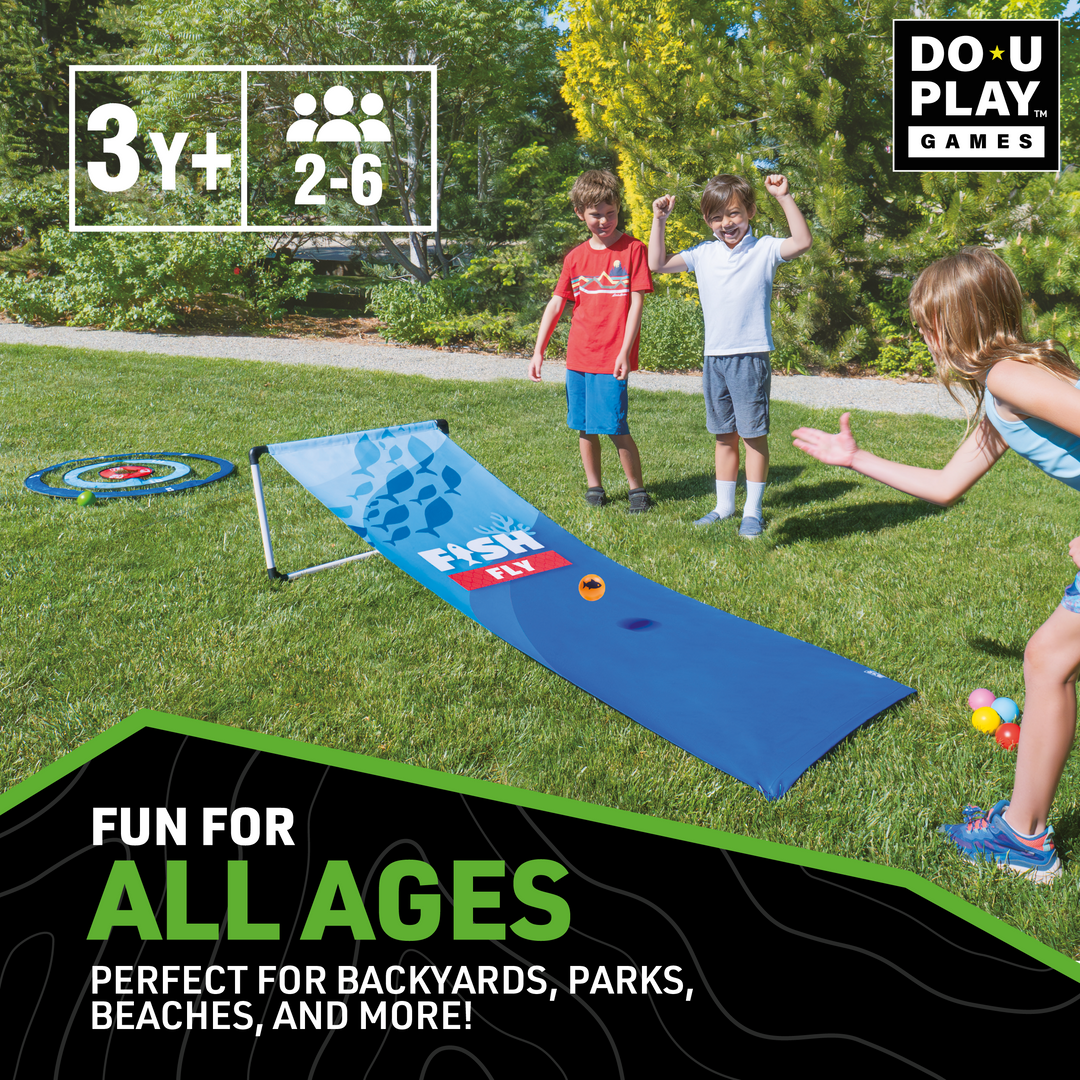 Fish Fly ramp toss game setup with multiple target rings in backyard