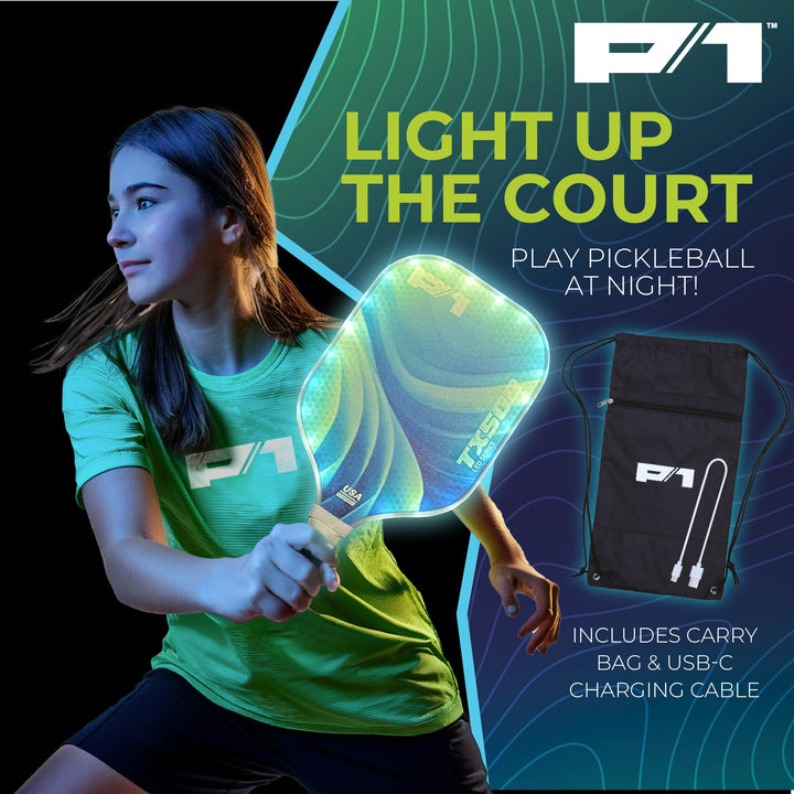 LED pickleball paddle glowing during nighttime outdoor game