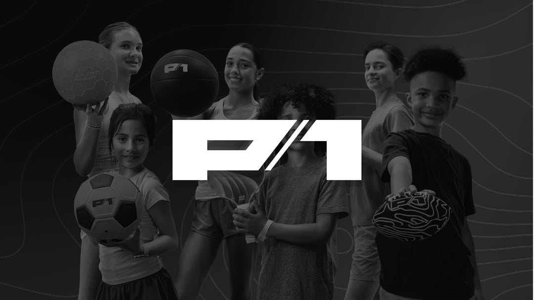 Group of six diverse children holding sports balls with stylized P7 logo in center on dark background