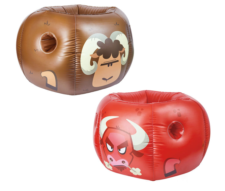 Set of two Rovers blow-up bumper balls with brown ram and red angry bull cartoon designs and side hand grip holes