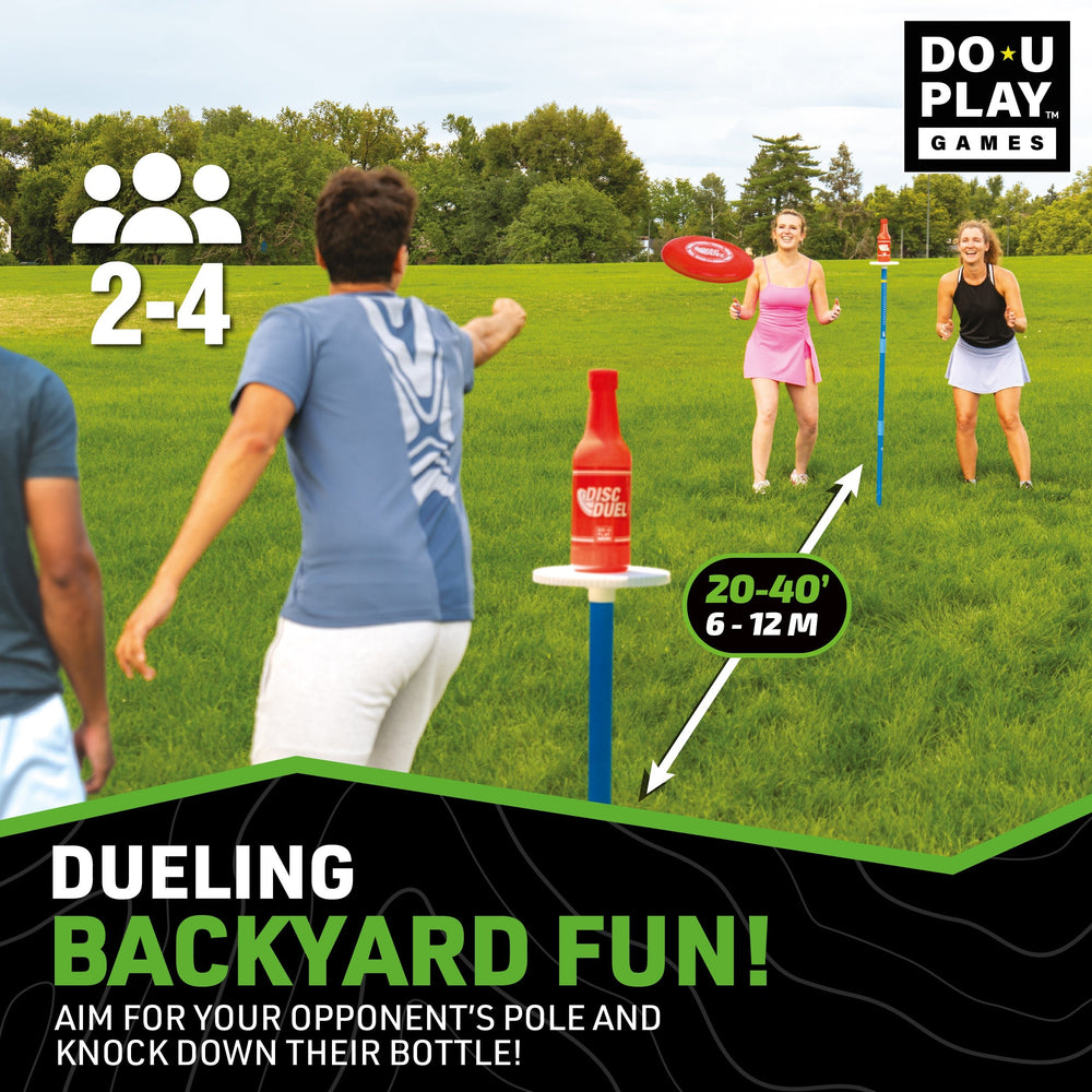 Friends playing Disc Duel with red bottle and blue poles on grassy backyard during a sunny day